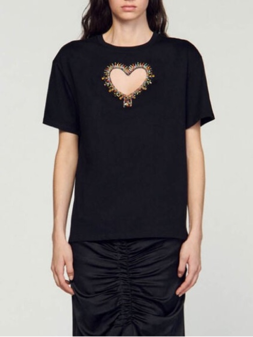 Sandro Heart T-Shirt Embellished Rhinestones Size 0/ XS
